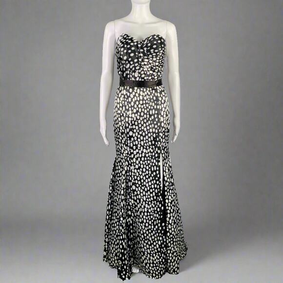 TERANI Size 6 Black White Viscose Blend Polka Dot Strapless Mermaid Gown - Picture 1 of 5